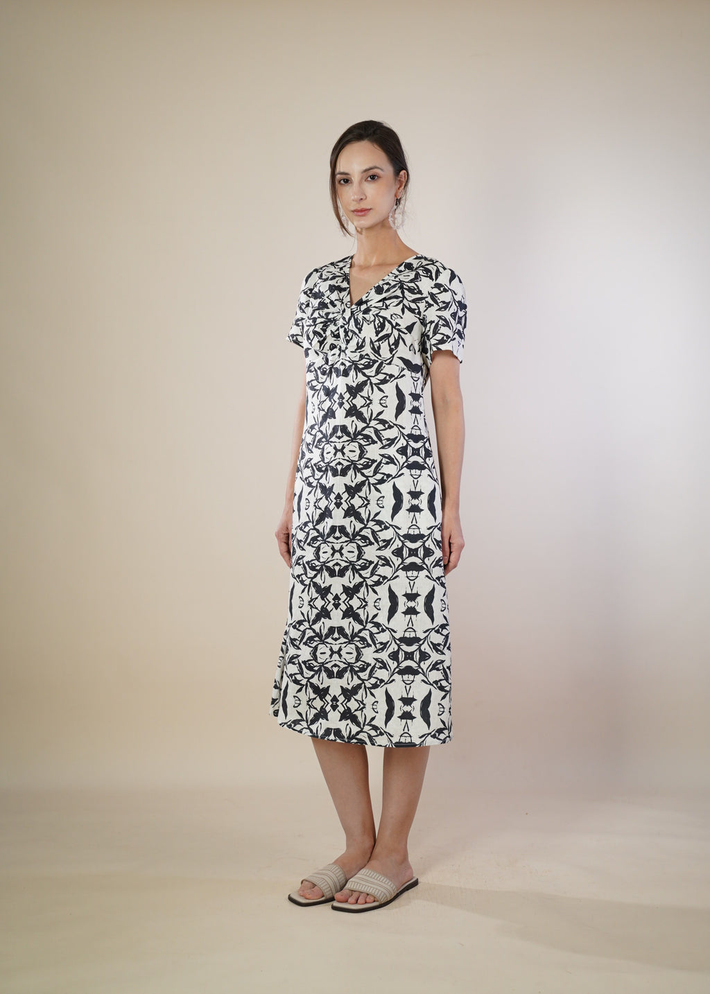 PRINTED LINEN MIDI DRESS