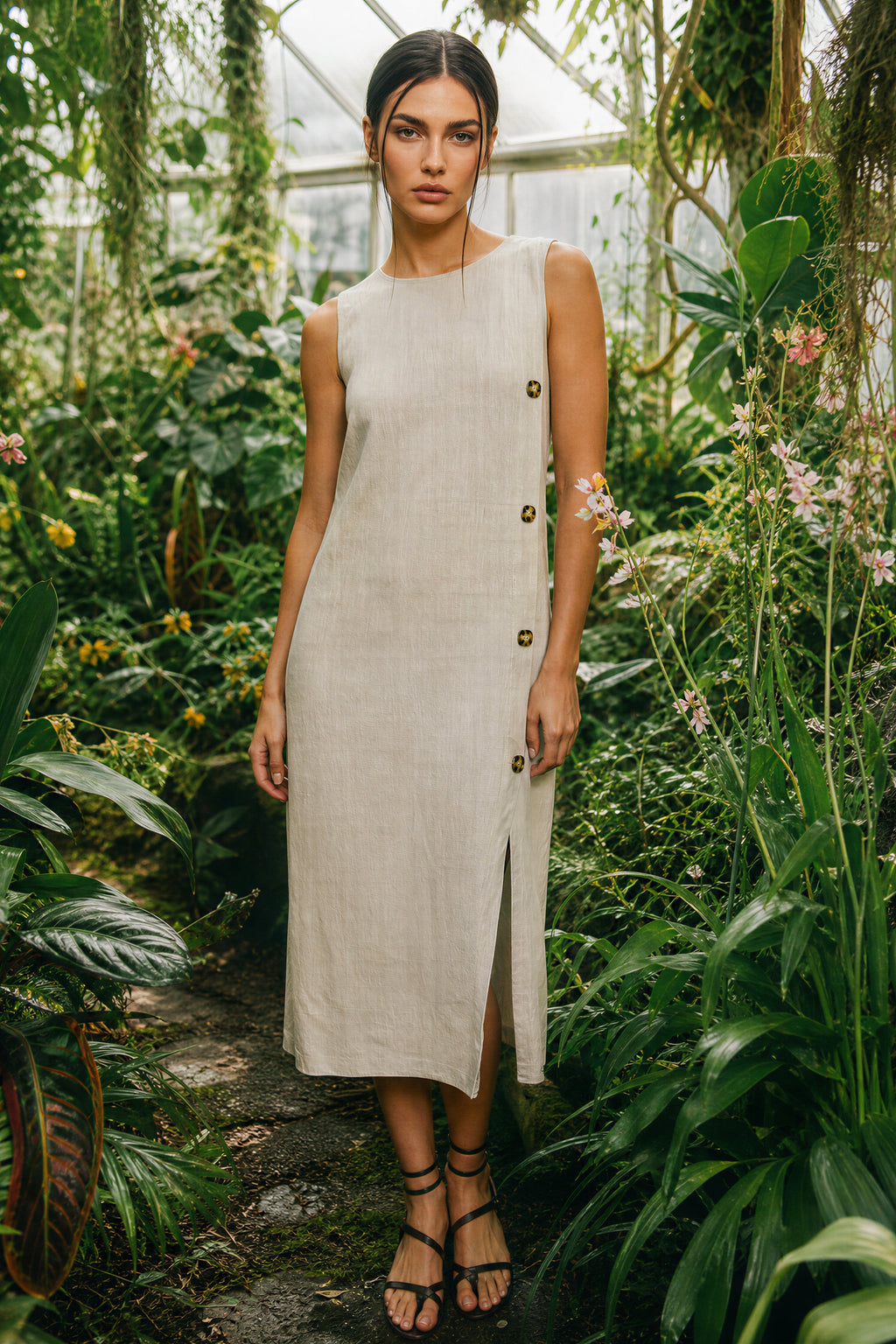 GREET SIDE BUTTON MIDI DRESS