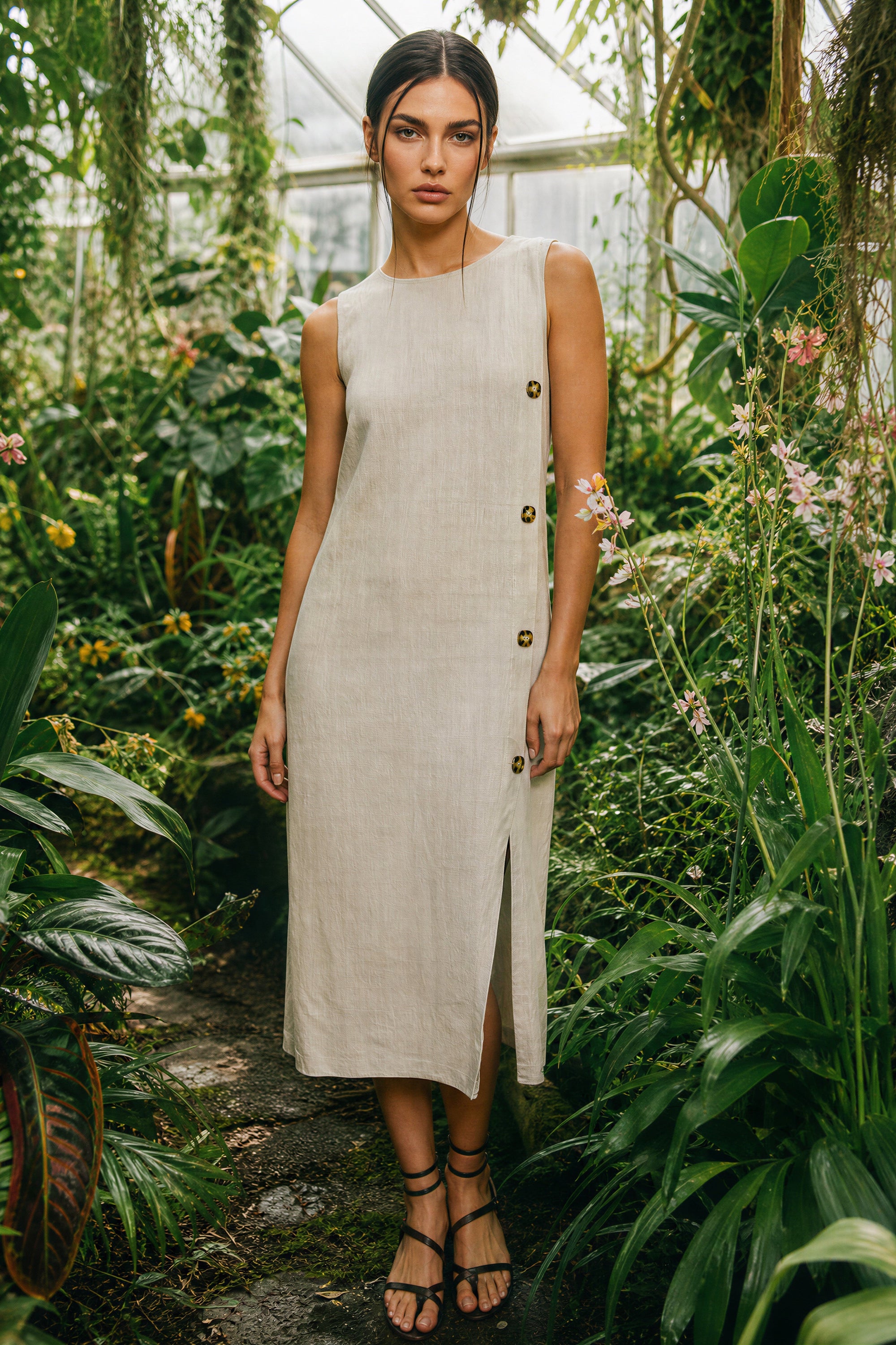 GREET SIDE BUTTON MIDI DRESS